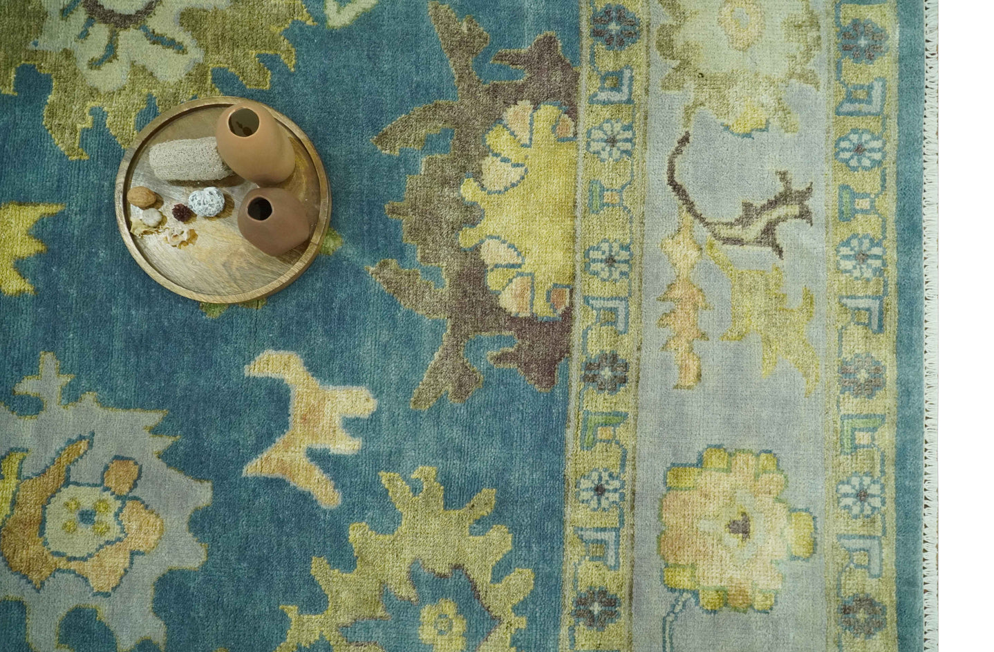 Blue, Silver and Olive 8x10 Hand knotted Traditional Oushak wool area rug