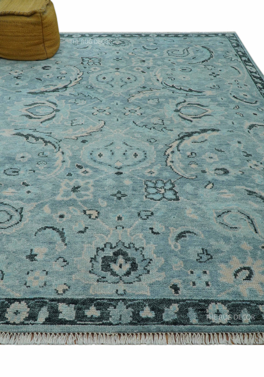 Custom Made Oushak Blue And Beige Hand Knotted Wool Rug