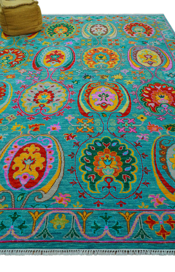 Custom Made Traditional Oriental Design Teal Hand Knotted Wool Area Rug