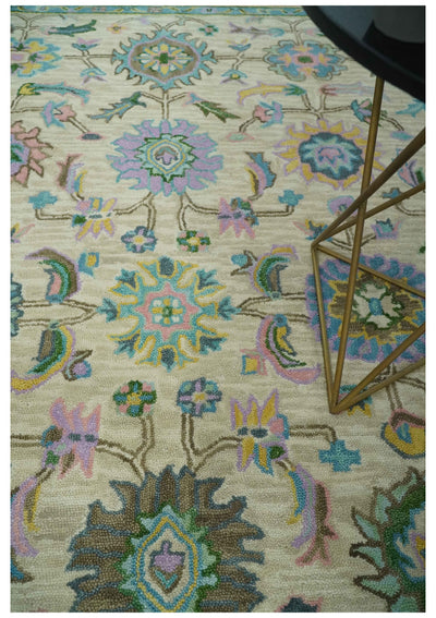 Custom Made Beige, Blue and Purple Traditional Floral Hand Tufted wool rug