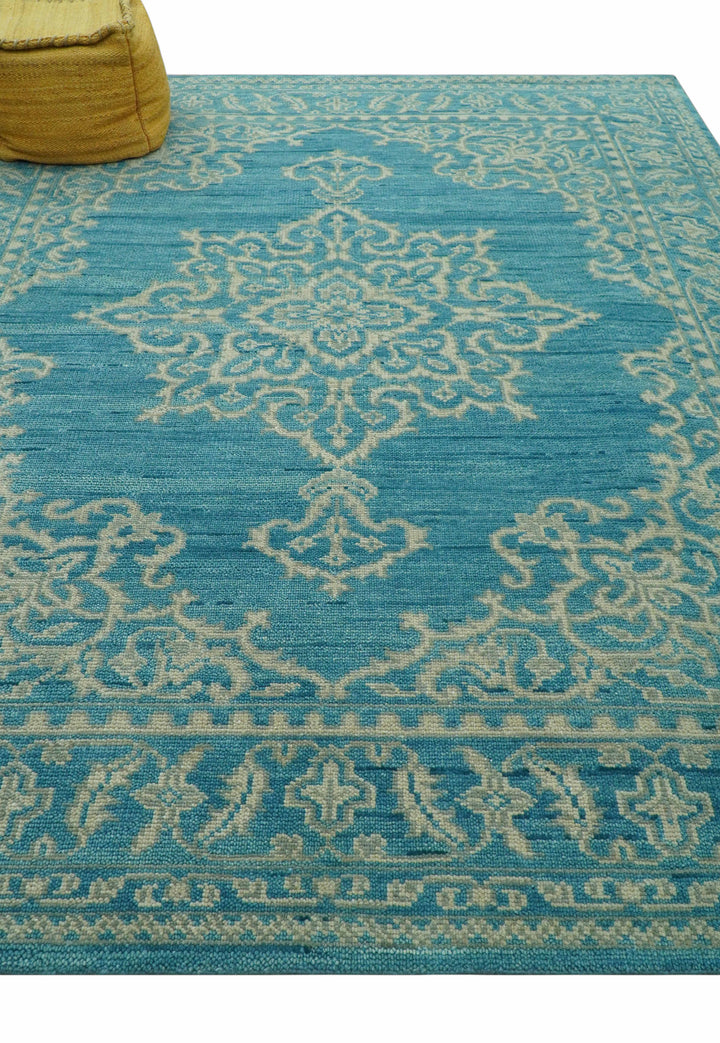 Custom Made Traditional Turkish Design Blue Hand Knotted Wool Area Rug