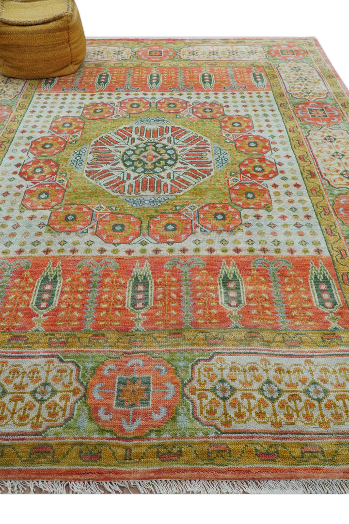 Traditional Mamluk Design Orange Hand knotted 8x10 Wool Rug