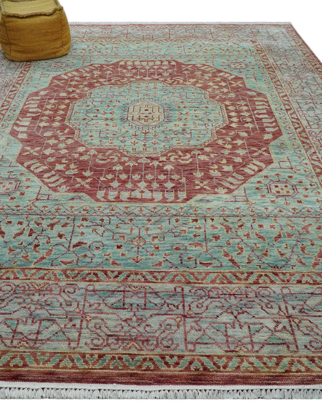 Maroon And Teal Traditional Mamluk Design Hand knotted 9x12 Wool Rug