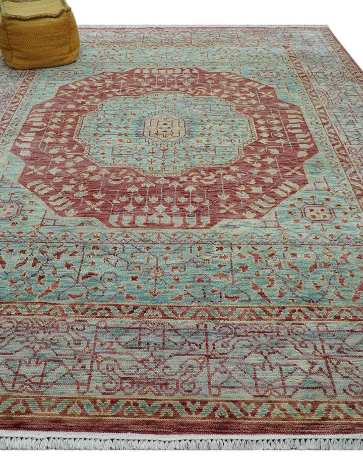 Maroon And Teal Traditional Mamluk Design Hand knotted 9x12 Wool Rug