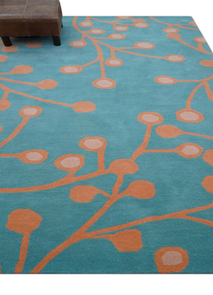 Custom Made Modern Floral Design Blue Hand Tufted Wool Area Rug