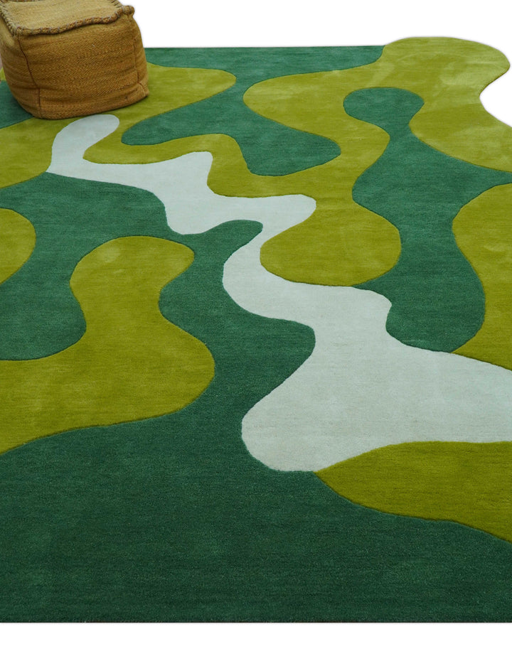 Custom Made Hand Tufted Green Modern Abstract Design Wool shape Rug
