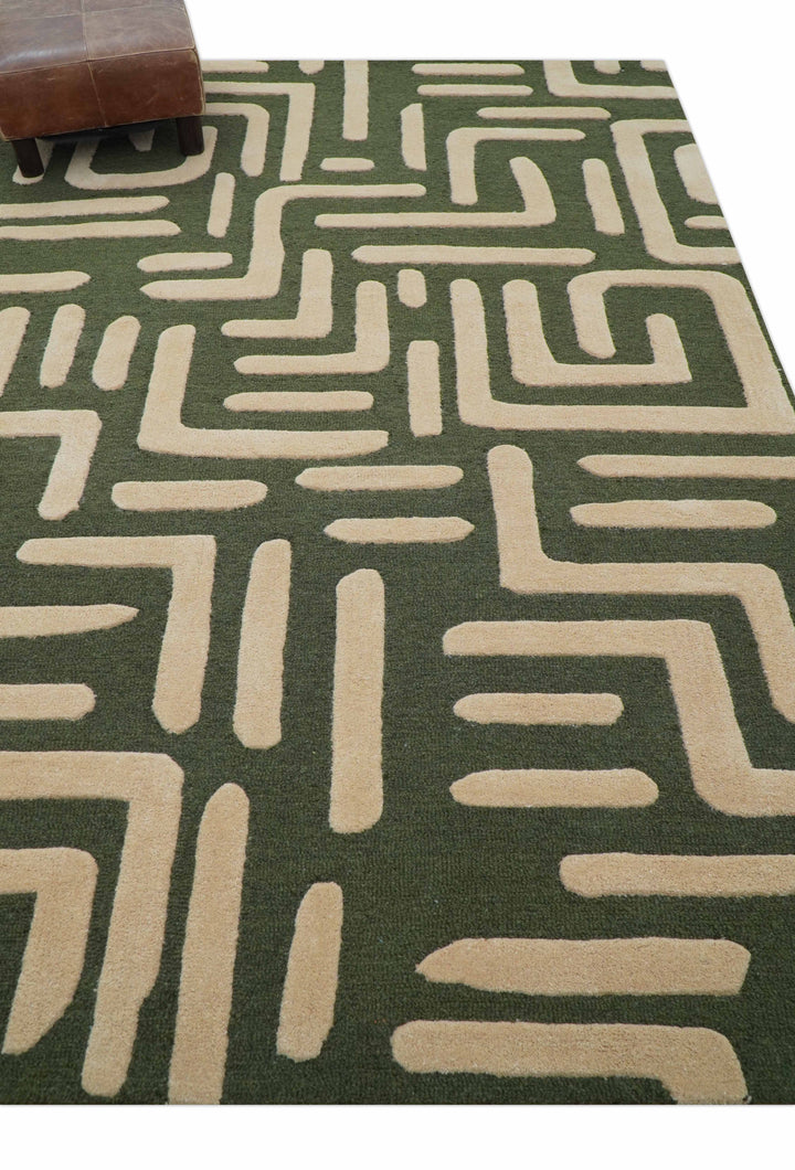 Maze Custom Made Modern Abstract Design Olive Hand Tufted Wool Area Rug