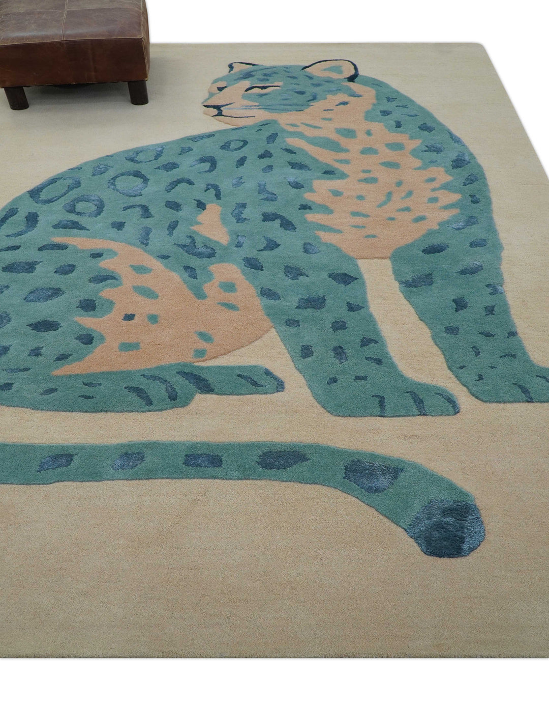 Custom Made Modern Animal Pattern Teal And Beige Hand Tufted Wool Area Rug