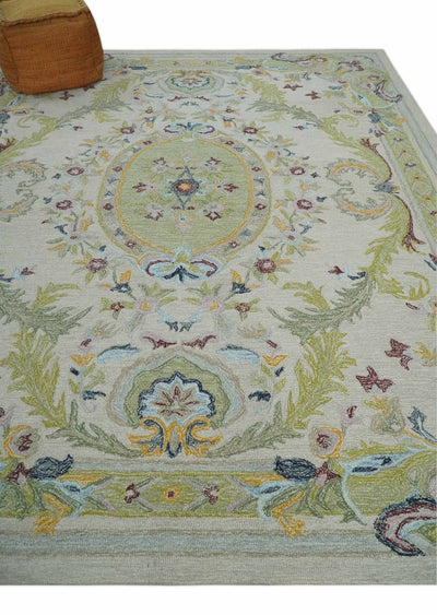 Ivory and Green 8x10 French Design Aubusson Hand Tufted Wool Area Rug