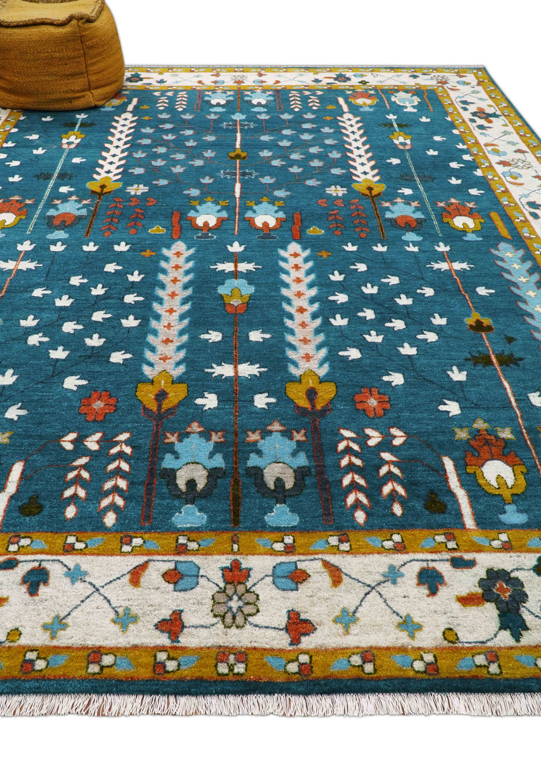 Fine Teal And Ivory Traditional Tree of life Hand Knotted Wool Rug