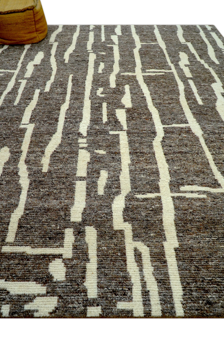 Custom Made Brown And Ivory Contemporary Hand Knotted Wool Area Rug