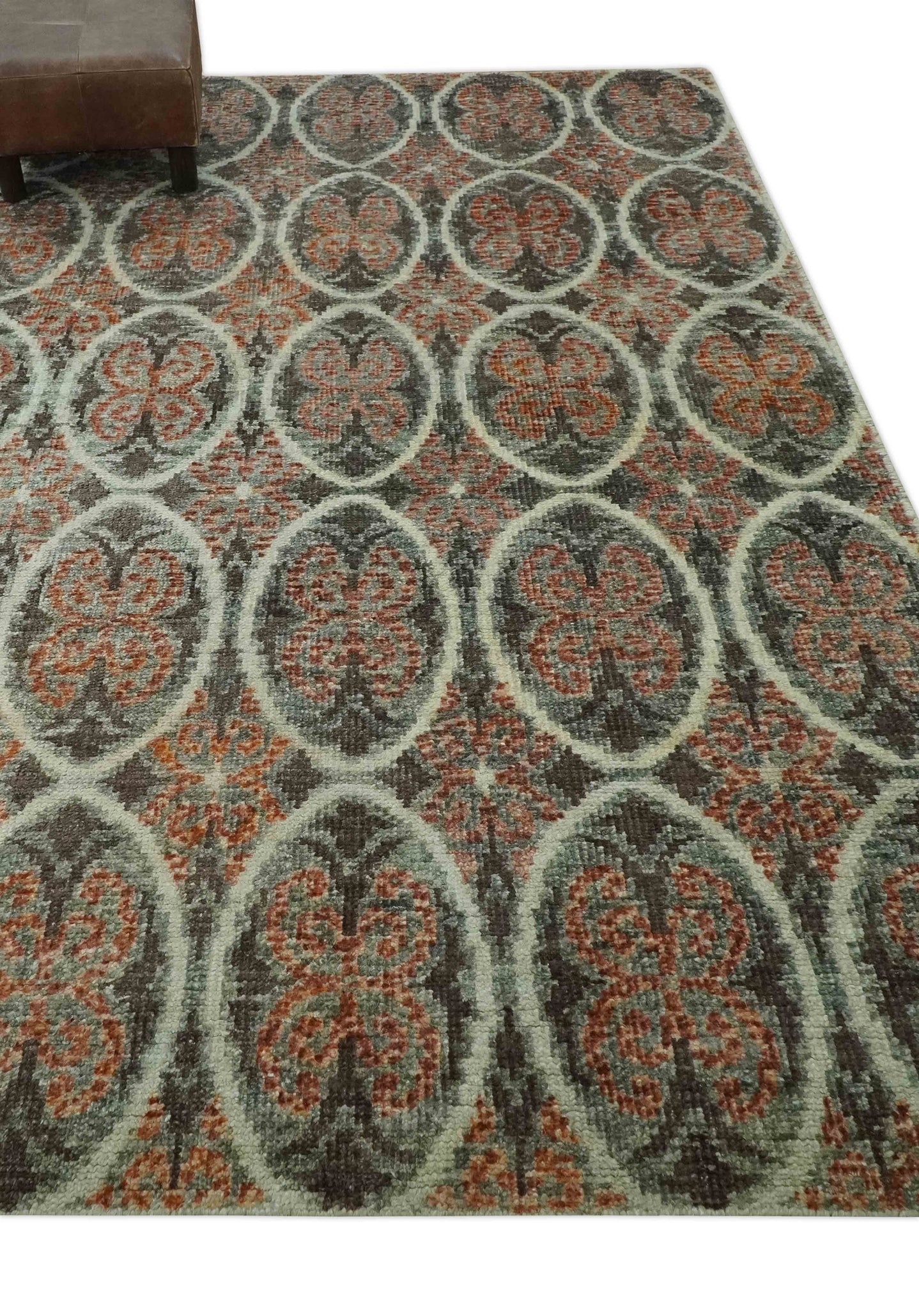 Geometrical Floral Design 5x8.6 Charcoal, Ivory and Rust Hand Knotted wool rug