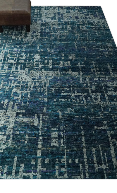 Modern Abstract Hand Knotted Teal and Ivory Contemporary Recycled Silk Area Rug