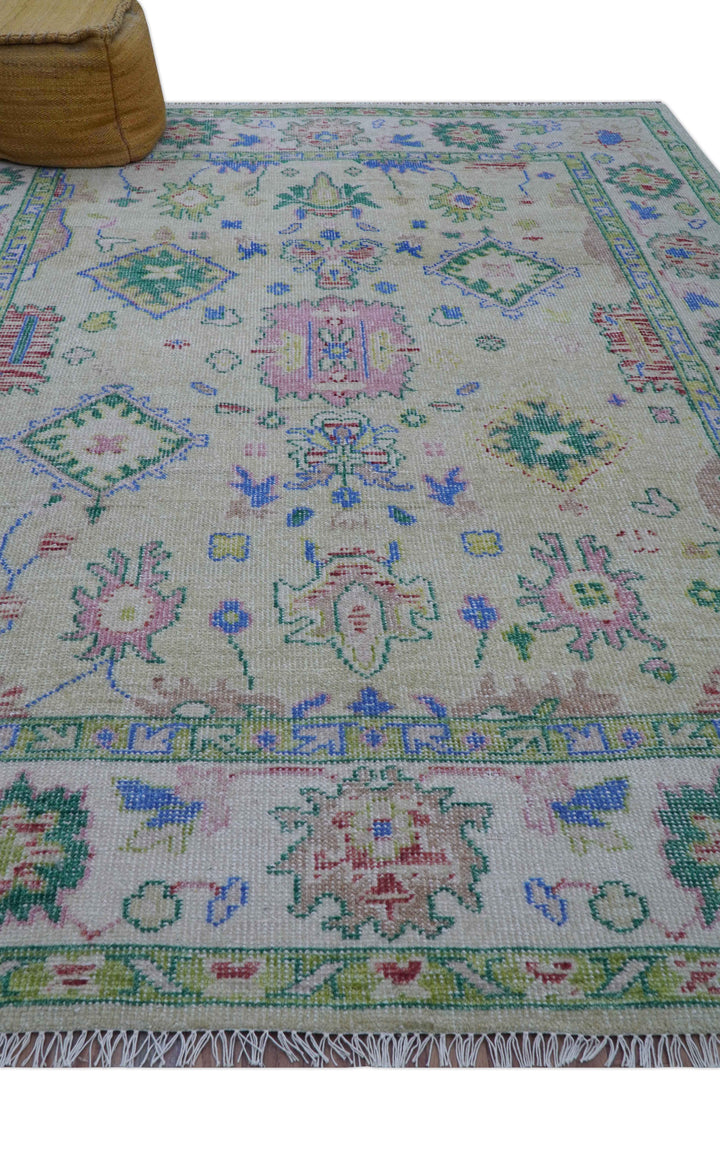 Quick Ship 8x10 Modern Oushak Design Beige And Blue Hand Knotted Rug