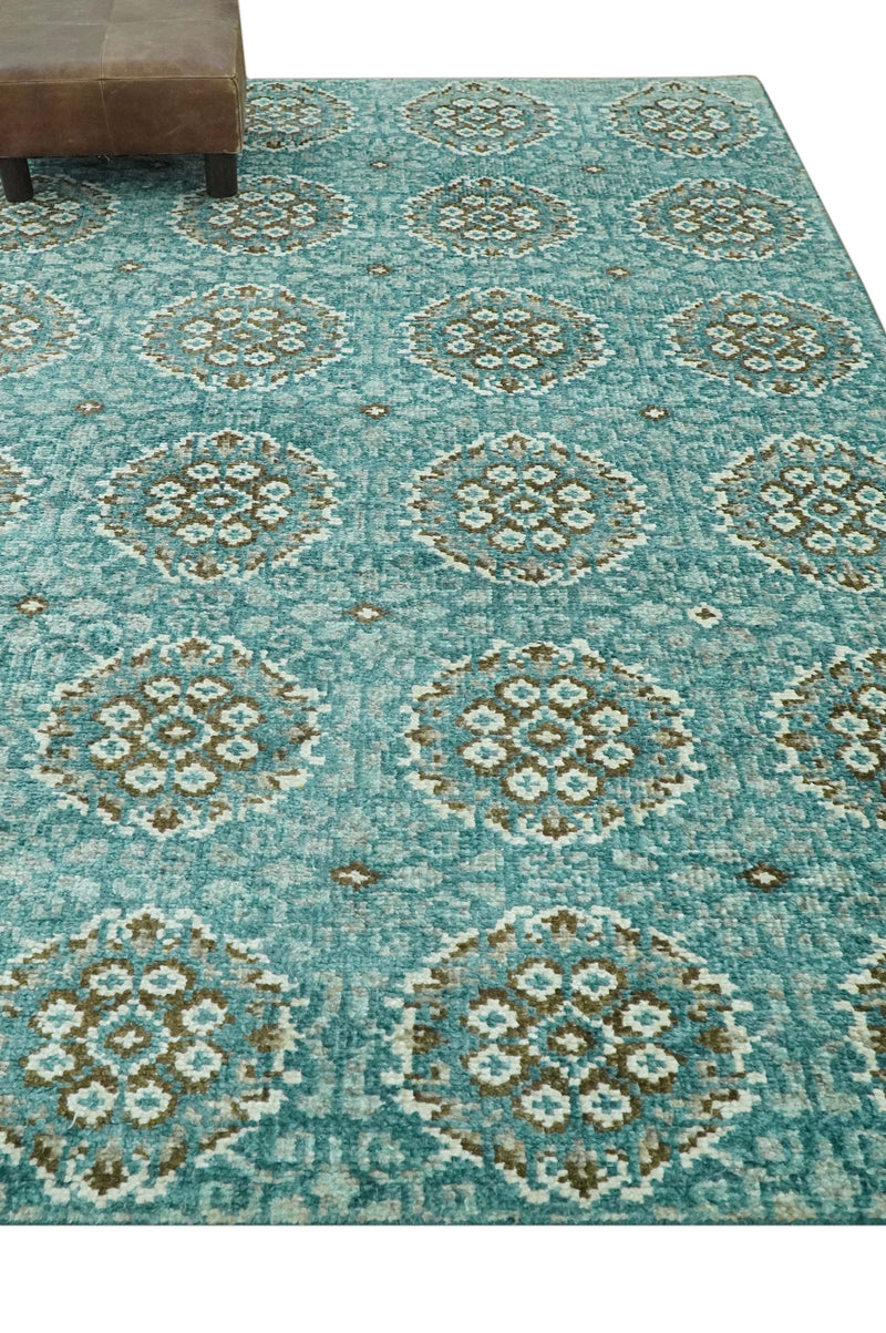 5x8 Traditional Damask Floral Design Blue, Ivory and Olive wool area rug