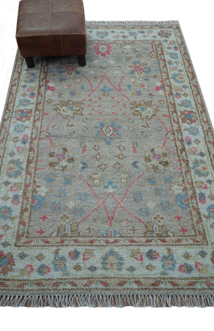 Traditional Oushak Design Beige And Blue 4x6 Hand knotted Wool Area Rug