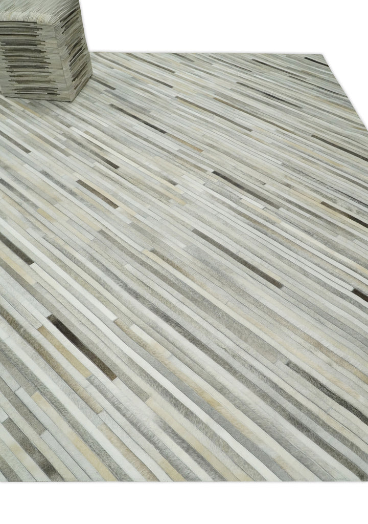 Ready to Ship 5x8 Handmade Modern Beige and Silver Leather Rug