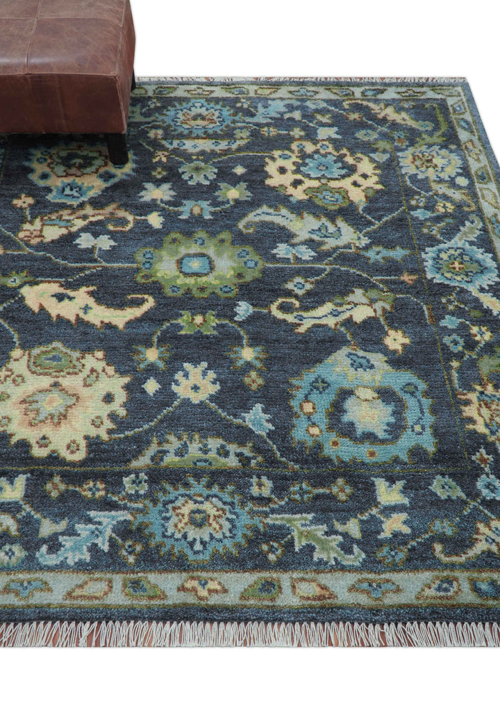 Quick Ship Small 5x5 Traditional Oushak Blue And Beige Hand Knotted Wool Rug