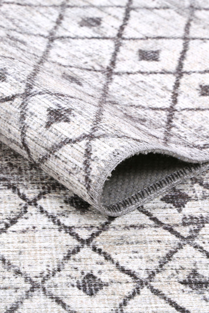 Modern Geometrical Ivory And Grey Machine Washable Rug