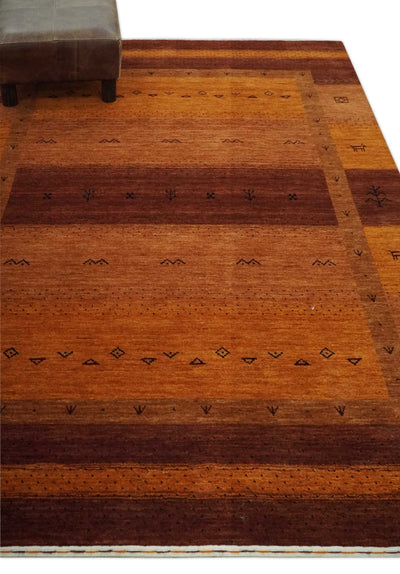 Geometrical Stripes Design 4.6x7 Rust and Brown Hand loom  wool Area Rug