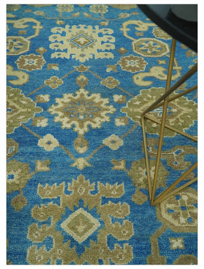 Antique design 8x10 Blue and Olive Traditional Oriental Oushak wool area rug