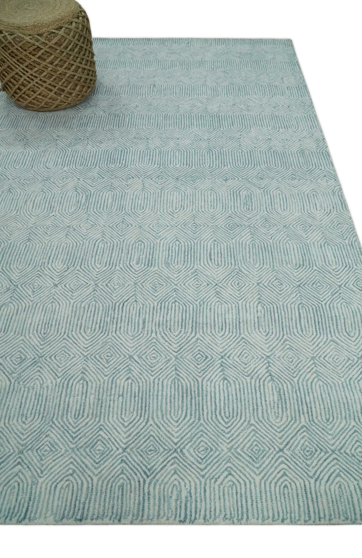 Ready to Ship Teal And Ivory Modern Contemporary Hand Tufted 6x9 Wool Rug