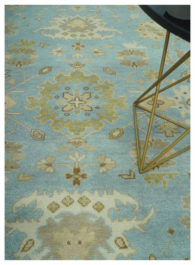 Light Blue, Beige and Ivory Hand knotted 8x10 Traditional Oriental Oushak wool rug