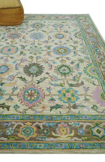 Custom Made Beige, Blue and Purple Traditional Floral Hand Tufted wool rug