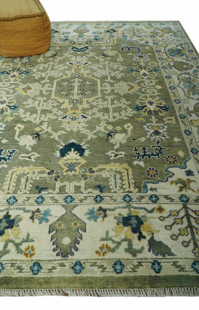 Green and Ivory Traditional Turkish Hand Knotted 8x10 Antique Style Wool Area Rug