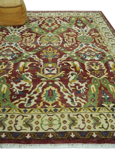 Maroon and Green Hand Knotted Traditional Large Design 8x10 wool area rug