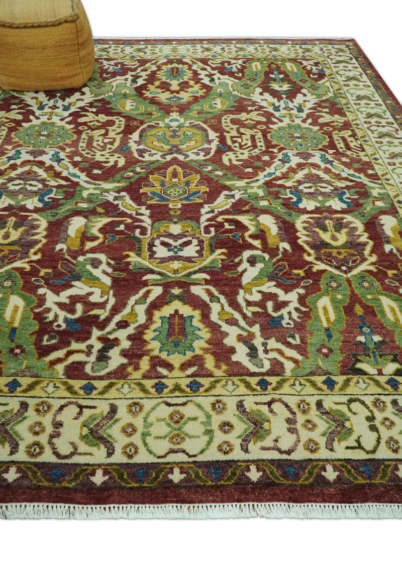 Maroon and Green Hand Knotted Traditional Large Design 8x10 wool area rug