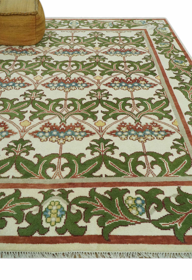 Hand Knotted Ivory and Green Floral Traditional Antique Style Wool Area Rug