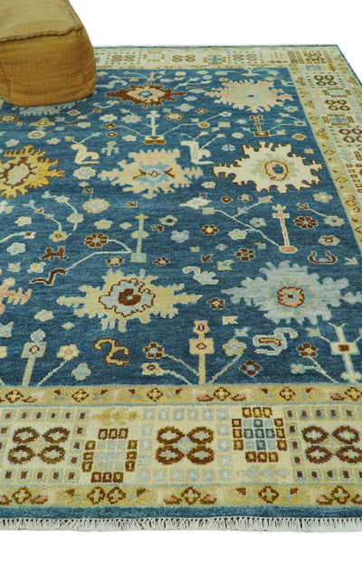 Hand knotted Blue and Beige 8x10 Traditional Oushak wool area rug