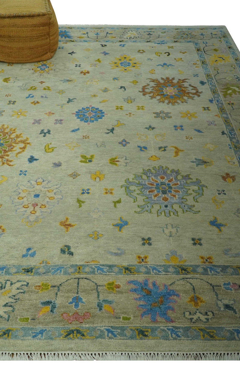 Olive and Blue Hand Knotted 8x10 Traditional Floral wool area rug