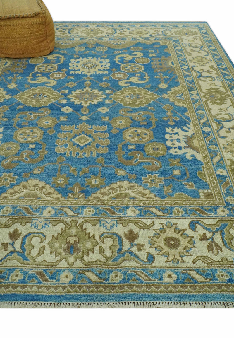 Antique design 8x10 Blue and Olive Traditional Oriental Oushak wool area rug