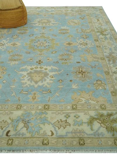 Light Blue, Beige and Ivory Hand knotted 8x10 Traditional Oriental Oushak wool rug