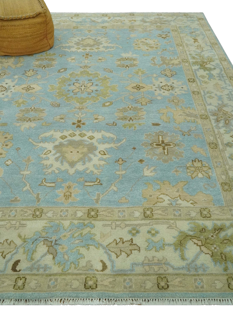 Light Blue, Beige and Ivory Hand knotted 8x10 Traditional Oriental Oushak wool rug