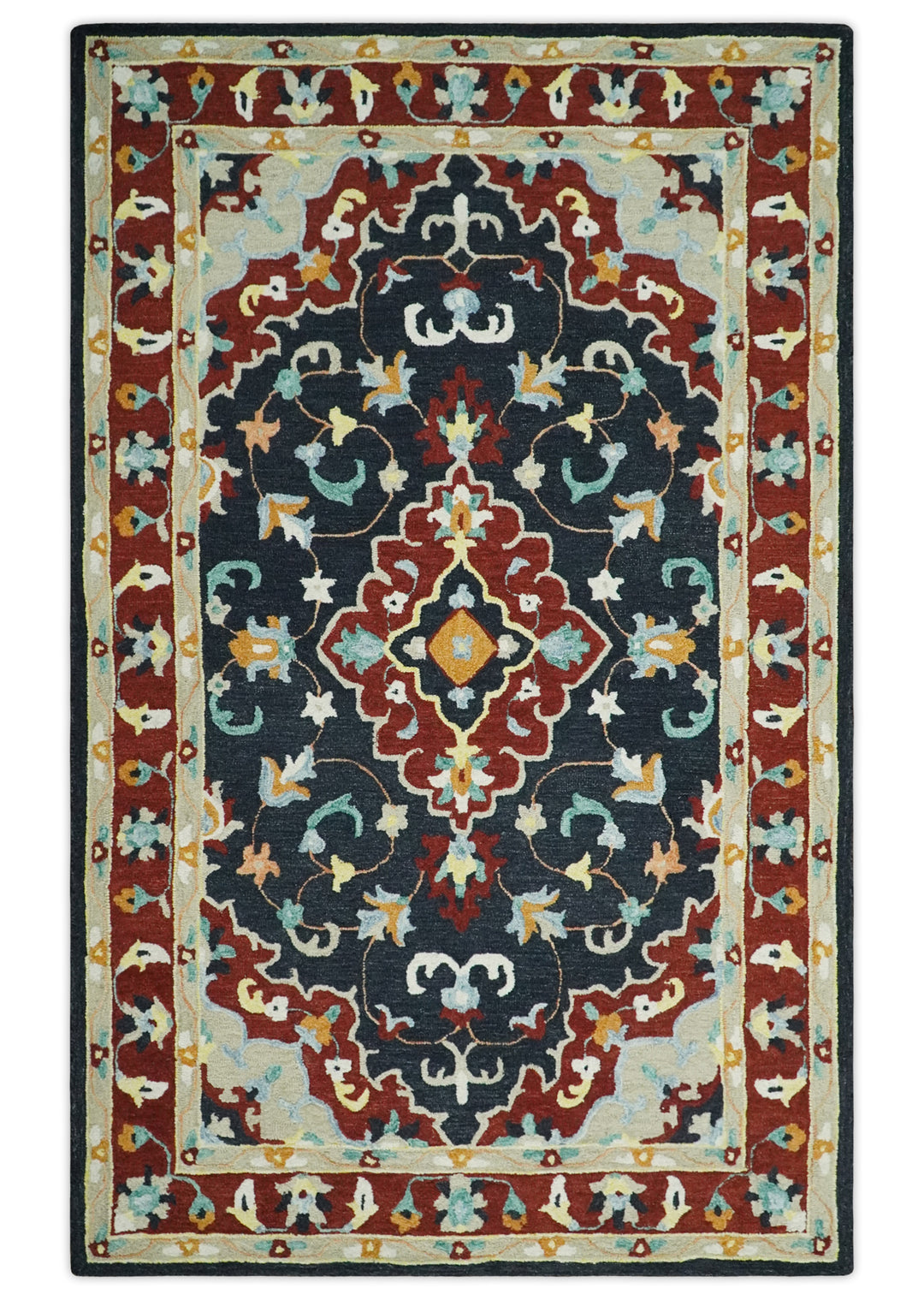Ready to Ship Traditional Charcoal And Maroon Hand Tufted 5x8 Wool Rug