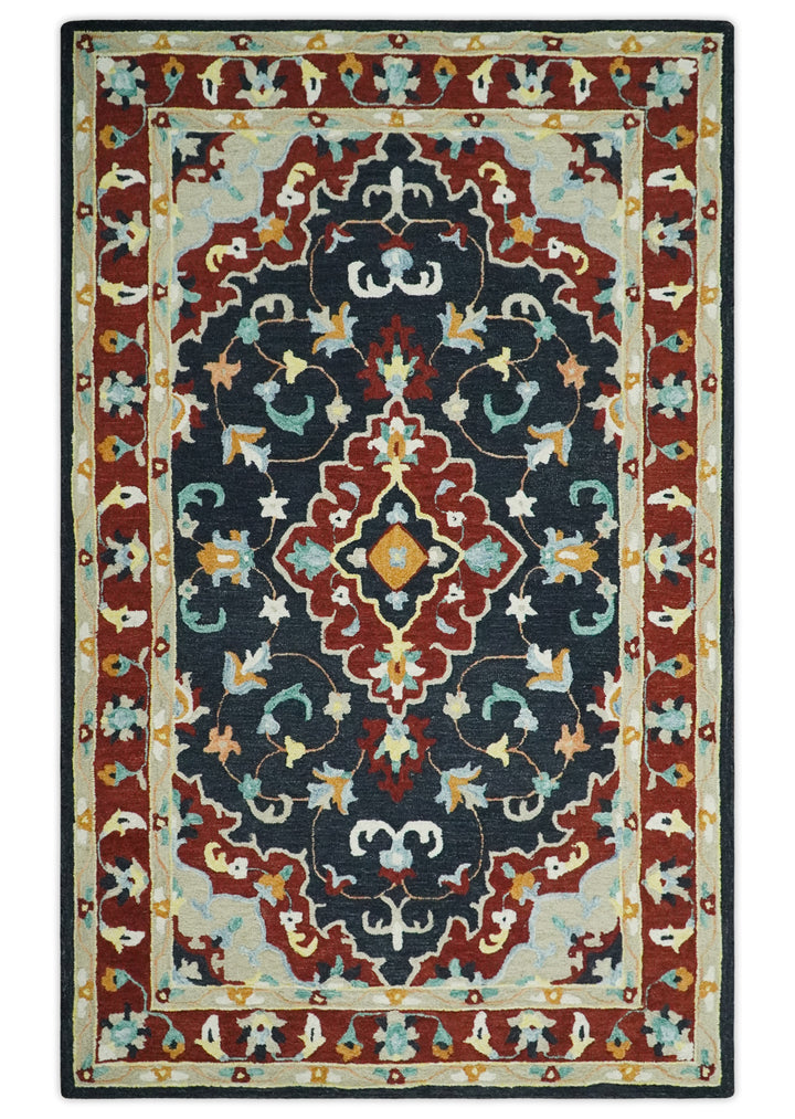 Ready to Ship Traditional Charcoal And Maroon Hand Tufted 5x8 Wool Rug