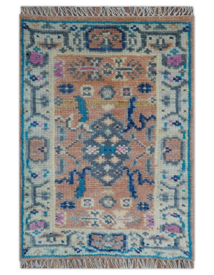 2x3 Traditional Peach And Ivory Hand Knotted Wool Rug
