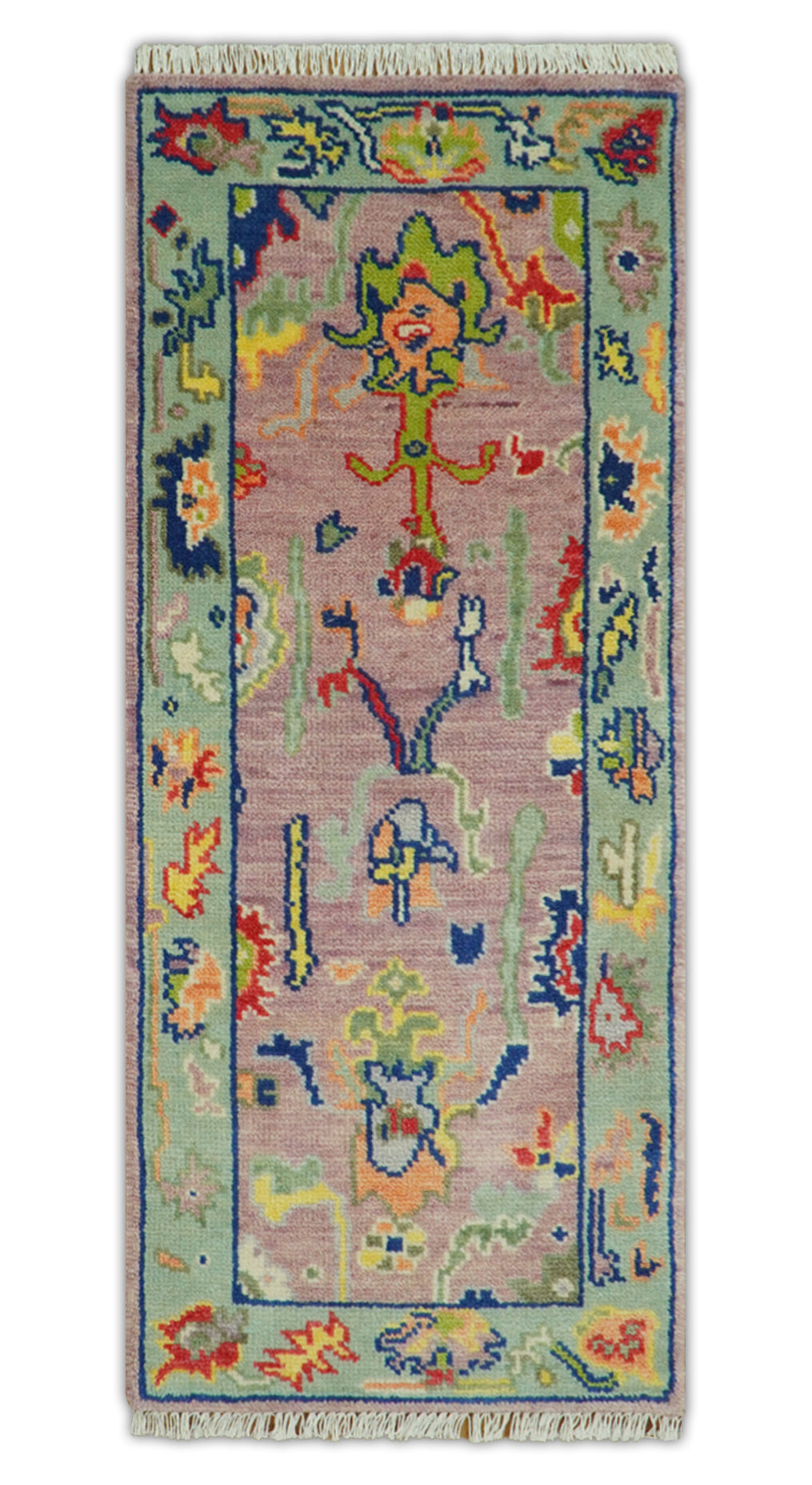 Traditional Oushak wool rug with pastel pink field and blue border, knotted pattern