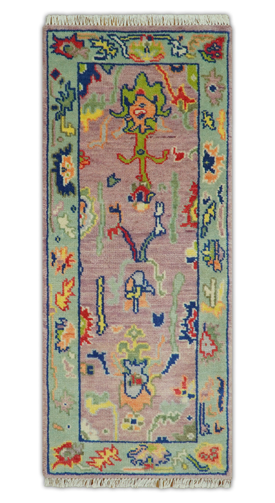 Traditional Oushak wool rug with pastel pink field and blue border, knotted pattern