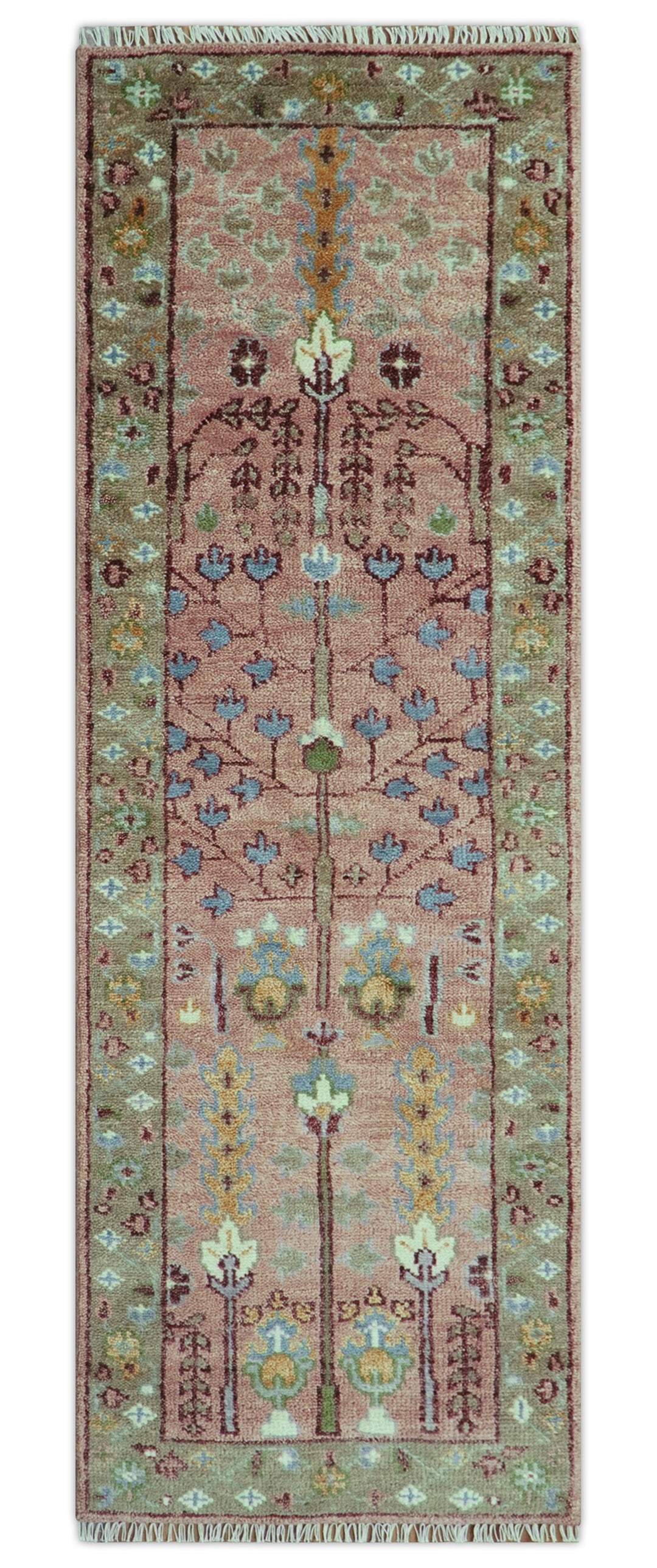 In stock 3x9 Tree of life Pink And Olive Hand Knotted Wool Rug