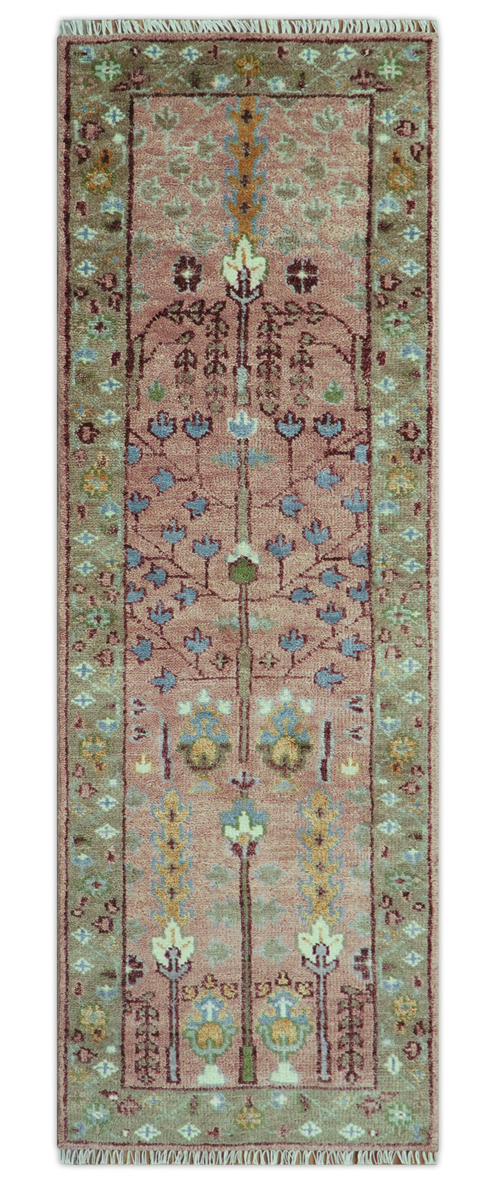 In stock 3x9 Tree of life Pink And Olive Hand Knotted Wool Rug