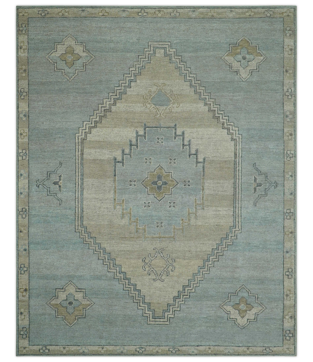 Traditional Medallion Design Blue and Beige Hand Knotted Wool Rug Custom Made