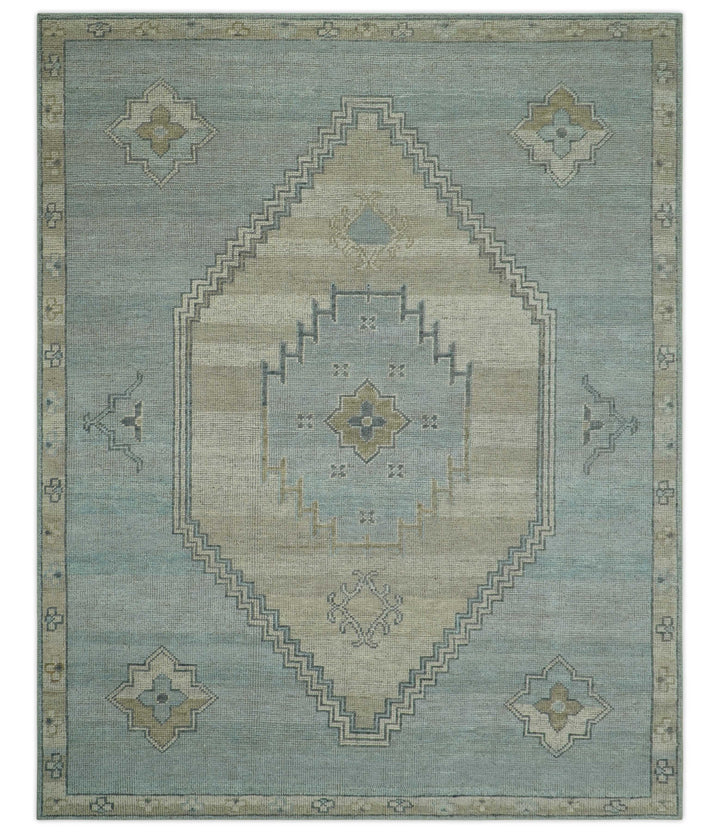 Traditional Medallion Design Blue and Beige Hand Knotted Wool Rug Custom Made