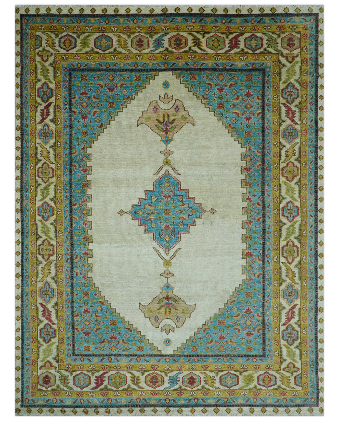Custom Made Traditional Serapi Design Ivory And Blue Hand Knotted Wool Rug