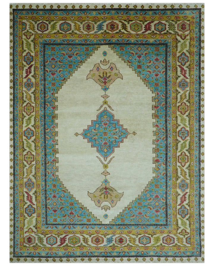 Custom Made Traditional Serapi Design Ivory And Blue Hand Knotted Wool Rug