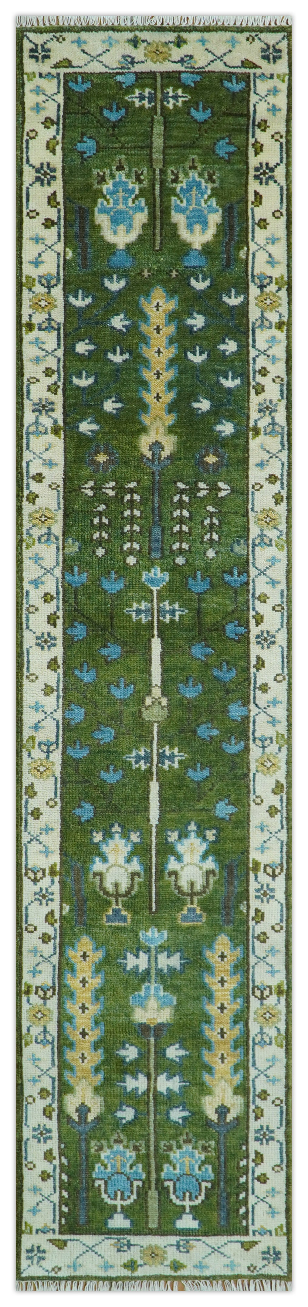 Ready to Ship Hand Knotted 2.6x12 Green and Ivory Tree of life Wool Area Rug