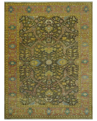 Antique Style Fine Hand Knotted 8.4x11.8 Olive, Rust an Mustard Traditional wool area rug